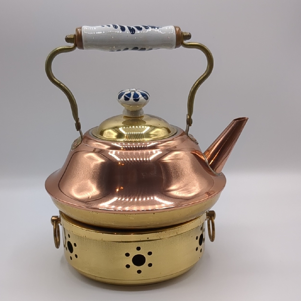 Copper and Brass Teapot with Ceramic Handle And Base